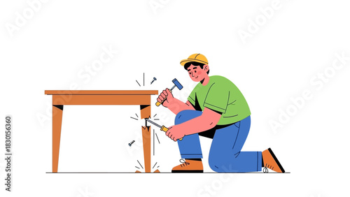Repairing a wooden table leg with hammer and chisel illustration
