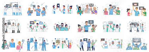 Vector set of dental professionals and hygienists analyzing X-rays, demonstrating oral hygiene with large toothbrushes, and offering consultation for healthy teeth.