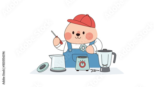 Sweet cartoon character diligently repairs kitchen blenders and electric kettles, expertly fixing home appliances for smooth daily culinary tasks