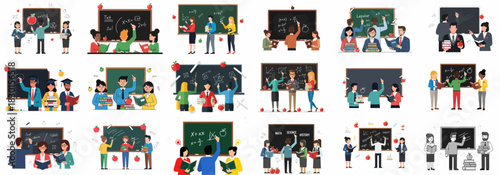 Flat vector illustration set of teachers and students in classrooms writing mathematical equations on blackboards, symbolizing education, knowledge, and academic learning.