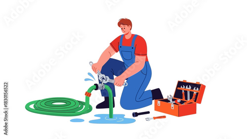 Skilled Plumber Kneeling to Repair a Burst Garden Hose with a Wrench, Preventing Water Waste and Maintaining Home Property