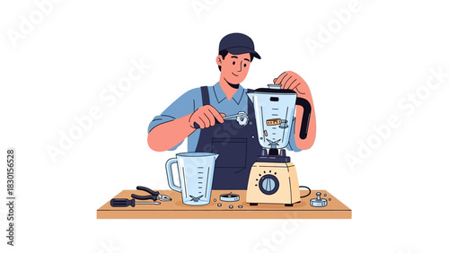 Repairman Fixing a Blender with Tools on a Workbench