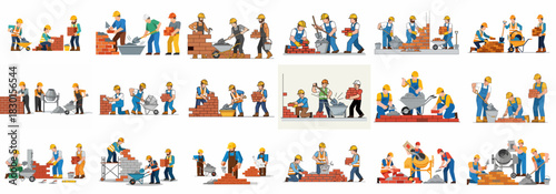 Collection of flat design illustrations showing construction workers and bricklayers laying bricks, mixing cement, and building brick walls.
