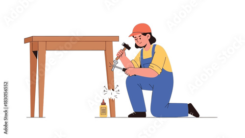 Repairing a Wooden Table A Person's Hands-on Efforts with Tools, Wood Glue and Precision