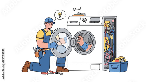 Skilled Technician Professionally Repairing a Broken Washing Machine, Offering Expert Home Appliance Service and Maintenance with Problem-Solving Insight