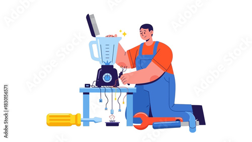 Skilled technician diligently repairing a broken kitchen blender on a workbench, showcasing efficient appliance maintenance and reliable service