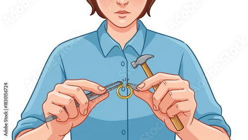 Vector illustration of a craftsperson using precision tools like a hammer and tweezers to repair or create a piece of handmade jewelry