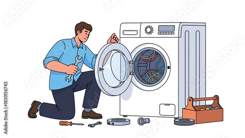 Appliance repairman fixing a washing machine with tools nearby