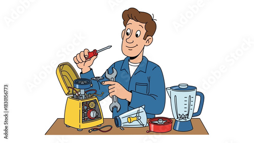 Experienced handyman carefully fixing a broken kitchen blender, performing essential home appliance maintenance and troubleshooting service