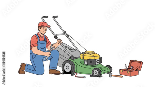 Professional gardener in uniform performing routine maintenance and repair on a lawnmower with a toolbox