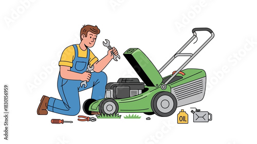 Vector illustration of a male character in work overalls performing routine maintenance and repair on a lawnmower