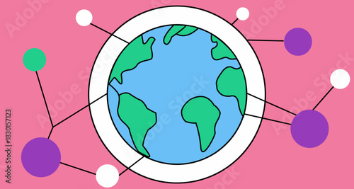 global network concept with earth and connected dots on a pink background