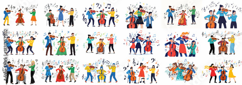 A collection of vector illustrations depicting classical musicians playing violin, cello, and flute amidst musical notes and staff lines, representing ensemble performance.