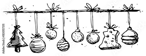 Hand drawn Christmas Ornaments Garland Black and White Doodle Vector Illustration