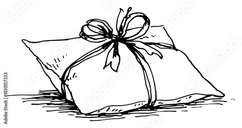Hand drawn Gift Pillow Box with Ribbon Bow Black and White Doodle Vector Illustration