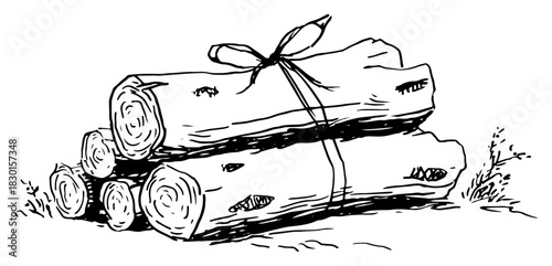 Hand Drawn Bundle of Firewood Logs Tied with Rope Rustic Vector Illustration