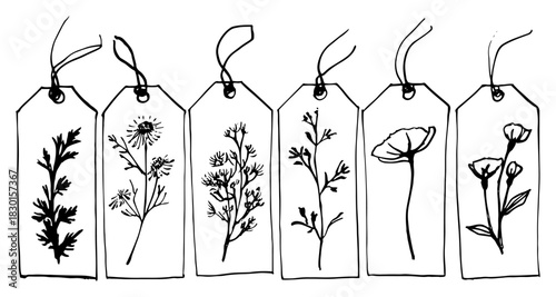 Set of hand drawn floral gift tags with string loops collection of botanical paper labels with wild flowers and herbs sketches