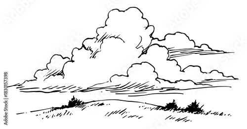 Hand drawn rural landscape with fluffy cumulus clouds and grassy field vector sketch of nature scenery