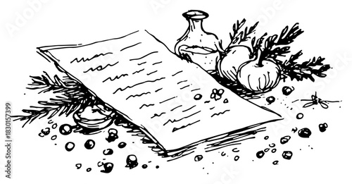 Hand drawn vintage composition with recipe paper spices jar and herbs vector sketch of kitchen ingredients