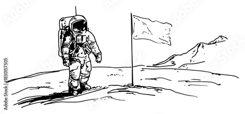 Hand drawn Astronaut Walking on Moon with Flag Black and White Doodle Vector Illustration