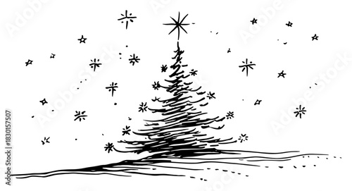 Hand drawn Christmas tree with star and falling snow Vector sketch illustration of festive fir and winter holiday decoration