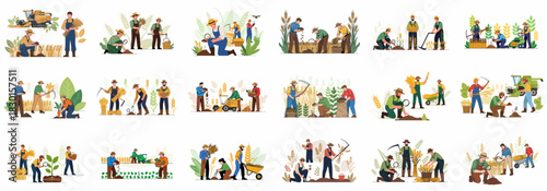 Farmers Working the Field: Agriculture Processes Including Planting, Harvesting Wheat, Soil Research, and Using Modern Machinery Vector Set.