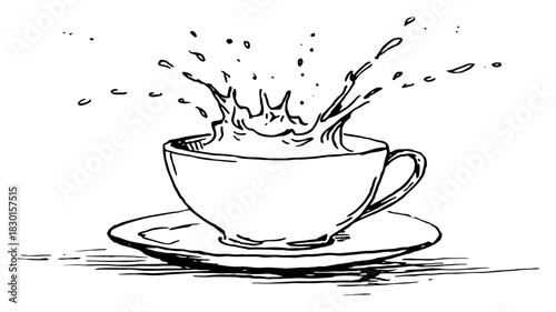 Hand drawn cup of coffee with liquid splashing out on saucer Vector sketch illustration of hot beverage spill and breakfast drink