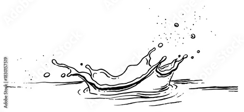 Hand drawn water splash crown on surface Vector sketch illustration of liquid drop impact and ripples