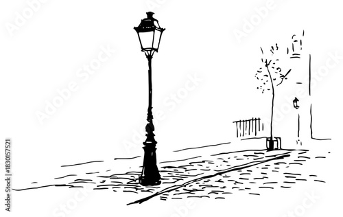 Vintage street lamp post on cobblestone road hand drawn vector sketch illustration of urban city scenery