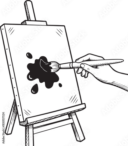 Artist hand painting on easel canvas vector sketch illustration creative art workshop activity hobby drawing tool equipment