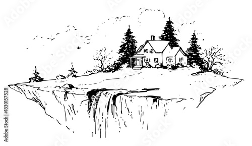 Floating island landscape with house and waterfall hand drawn vector sketch illustration of fantasy nature scene