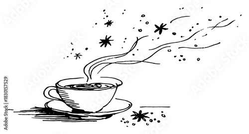 Hot tea cup with magical steam swirls and stars hand drawn vector sketch illustration of cozy morning drink