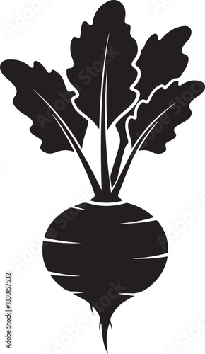 Black and white silhouette of a beetroot vegetable with leaves root and bulb organic produce vector graphic food illustration