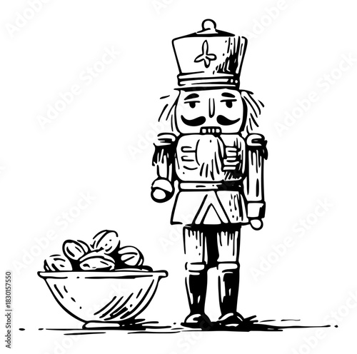 Hand drawn Christmas Nutcracker soldier standing next to a bowl of walnuts Vector sketch illustration of traditional winter holiday toy and food