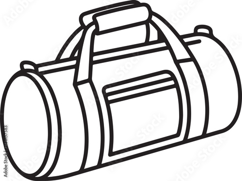 Duffel bag large cylindrical sport travel luggage with carrying handle storage equipment black outline vector illustration