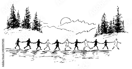 Group of people holding hands in nature mountain landscape hand drawn vector sketch illustration of teamwork and unity
