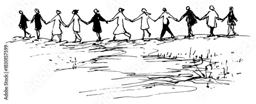 Hand drawn group of people holding hands in a row vector sketch of community and friendship