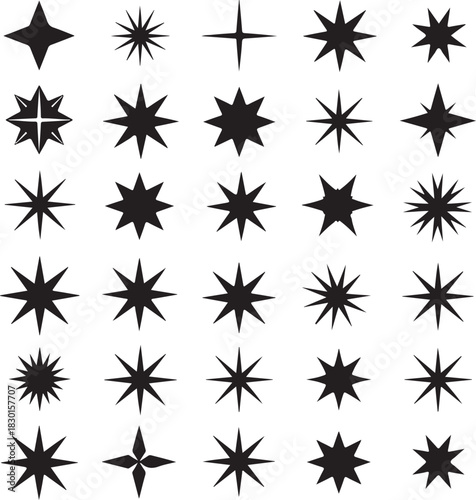 Set of black star icons various shapes and styles including four pointed five pointed six pointed seven pointed and eight pointed stars