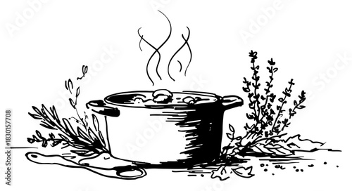 Hand Drawn Steaming Soup Pot Surrounded by Fresh Herbs Rustic Vector Illustration