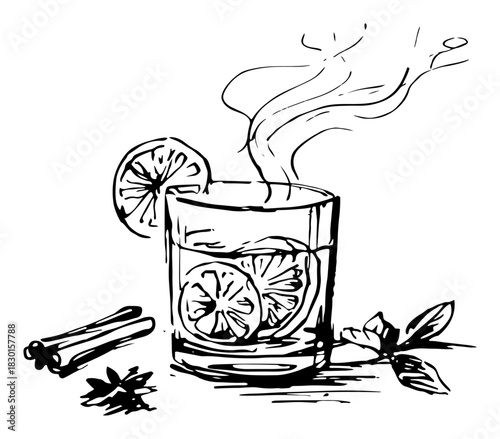 Hand drawn Hot Spiced Drink with Lemon and Cinnamon Steam Black and White Doodle Vector Illustration