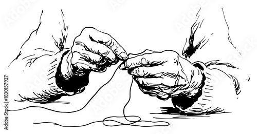 Hand drawn elderly hands holding thread and sewing vector sketch of handmade craft hobby