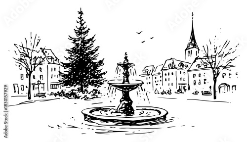 Hand drawn town square with water fountain and christmas tree near old buildings vector sketch of urban architecture