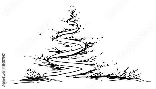 Hand drawn winding path leading into distance with grass Vector sketch illustration of road journey and nature way