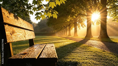 Sunrise in Park Bench Trees and Golden Light Creating Serene Morning Scene