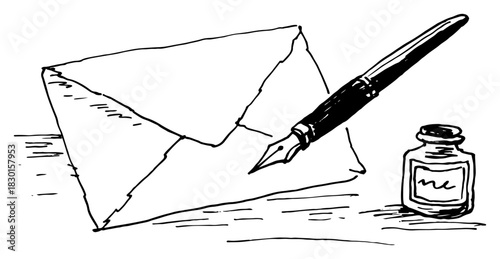 Hand drawn envelope with fountain pen and ink bottle Vector sketch illustration of vintage writing tools and letter