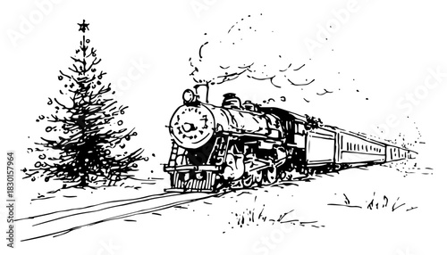 Vintage steam train traveling in snow near Christmas tree hand drawn vector sketch illustration of winter holiday journey