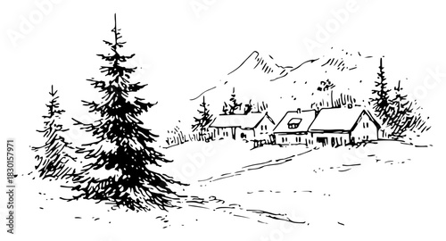 Hand drawn winter mountain landscape with pine trees and small village houses vector sketch of rural scenery