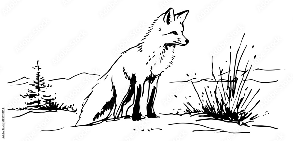 Obraz premium Hand Drawn Sitting Red Fox in Winter Forest Scene Wildlife Vector Illustration
