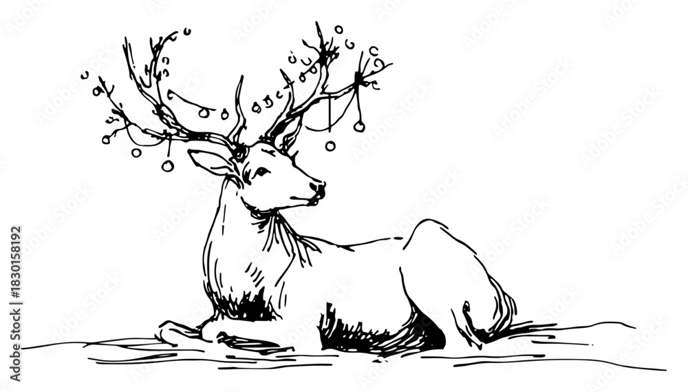 Naklejka premium Hand drawn Reindeer Lying in Snow with Ornament Decorated Antlers Black and White Doodle Vector Illustration