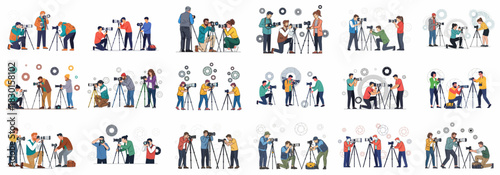 Diverse group of professional photographers and enthusiasts using cameras, tripods, and long lenses, illustrating the art and business of photography.